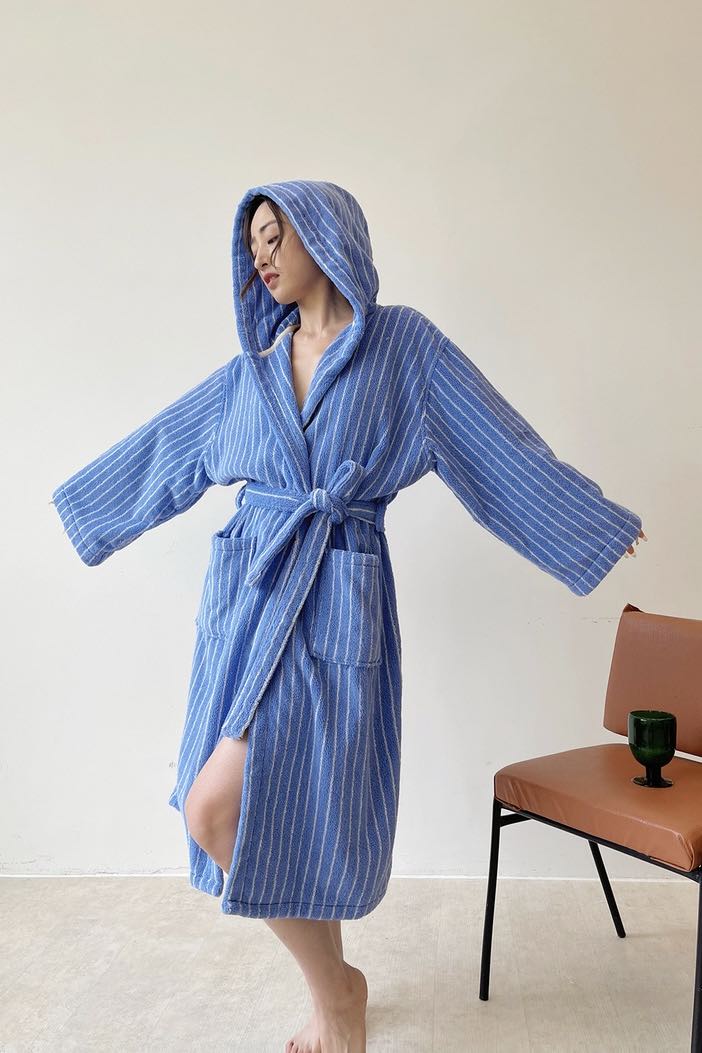 Blue Retro Hooded Stripe Bathrobe, 100% ORGANIC Long-stapled Cotton