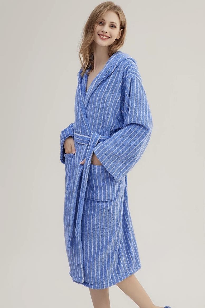 Blue Retro Hooded Stripe Bathrobe, 100% ORGANIC Long-stapled Cotton