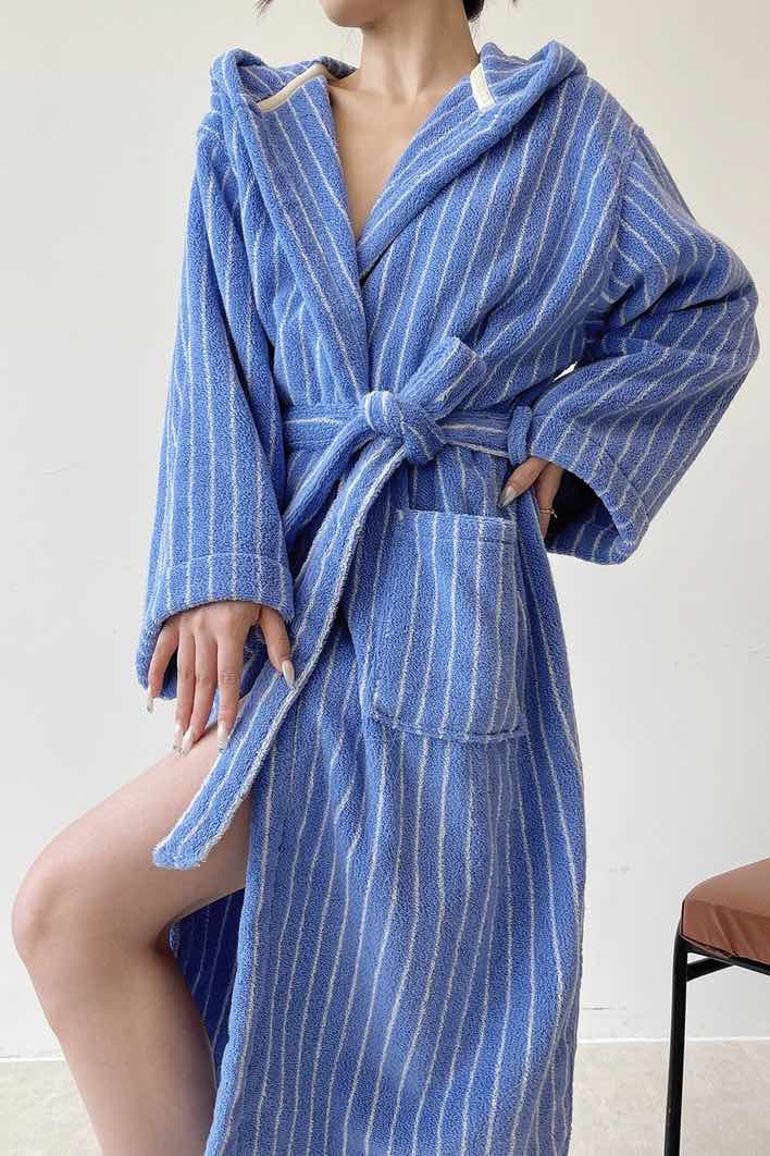 Blue Retro Hooded Stripe Bathrobe, 100% ORGANIC Long-stapled Cotton
