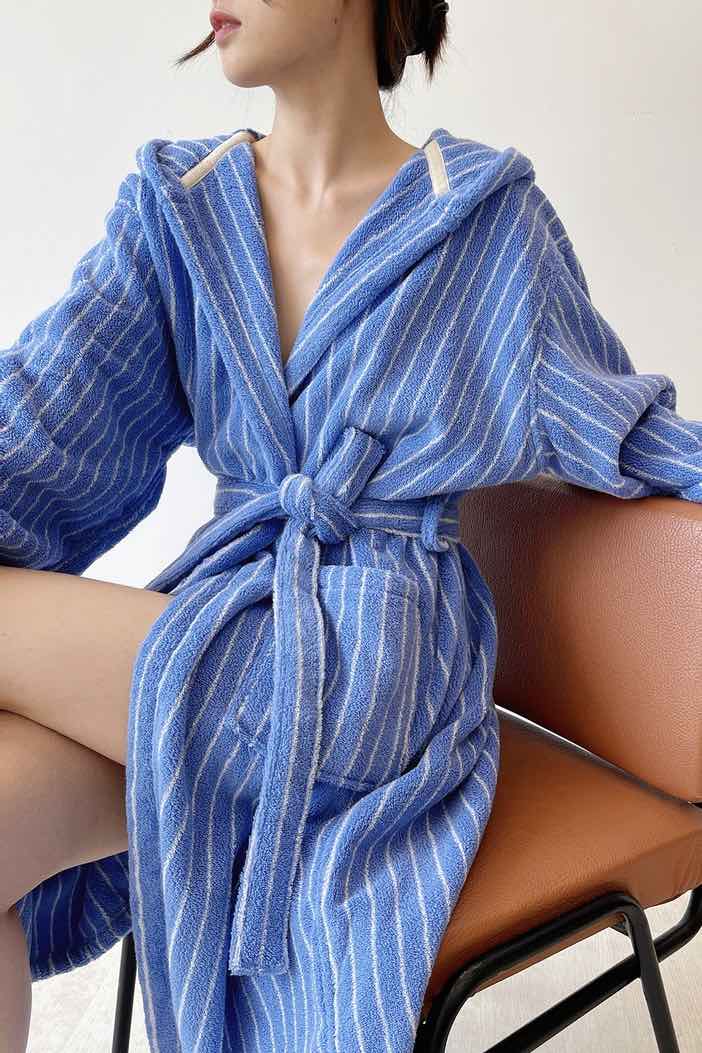 Blue Retro Hooded Stripe Bathrobe, 100% ORGANIC Long-stapled Cotton