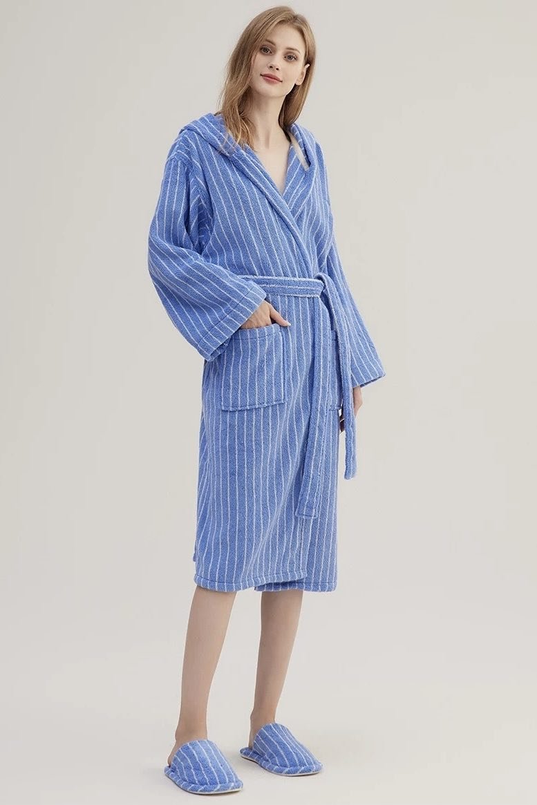 Blue Retro Hooded Stripe Bathrobe, 100% ORGANIC Long-stapled Cotton