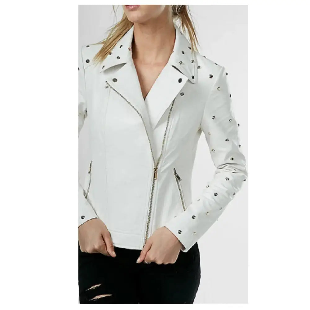 Women’s White Studded Leather Jacket