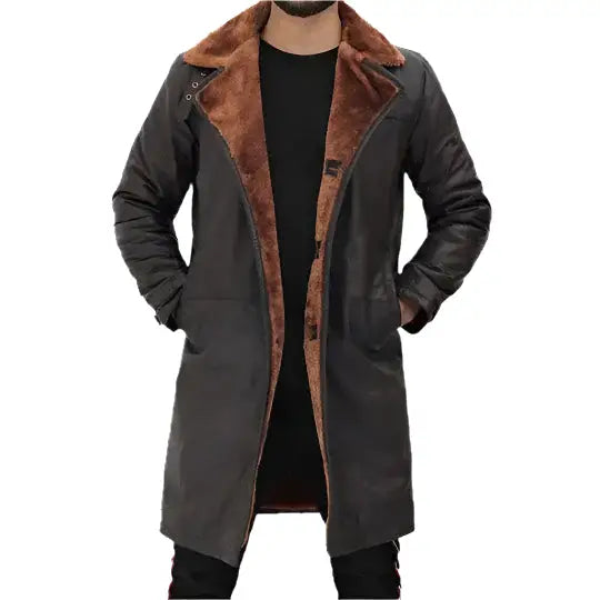 Mens Dark Brown Shearling Leather Trench Coat